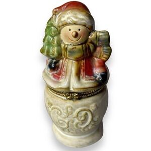 Greenbrier Int'l Porcelain Hinged Trinket Box Christmas Snowman Tree 4.5”